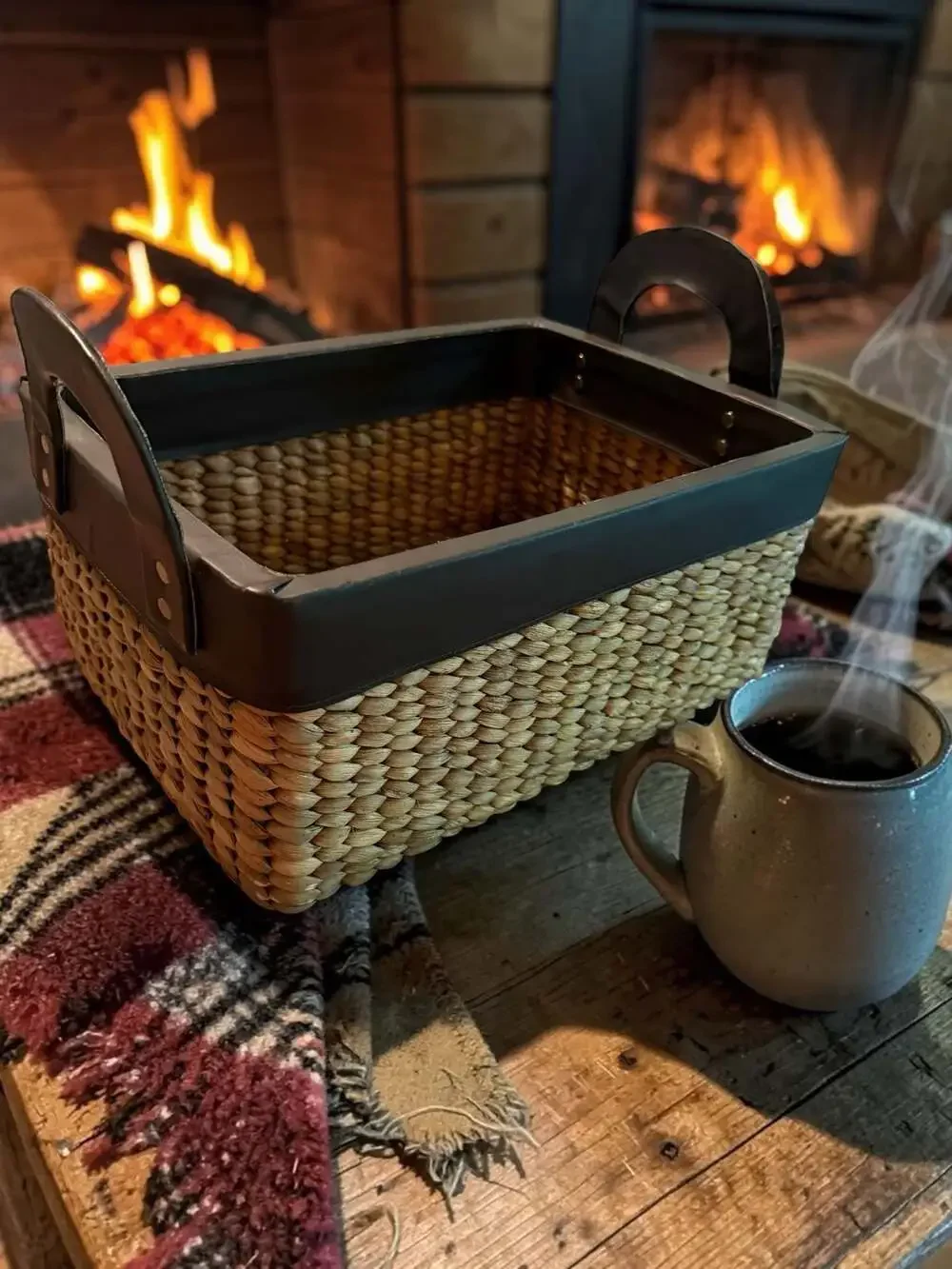 Rustic woven  Seagrass Storage Basket‎ with Faux Leather Trim and Handles